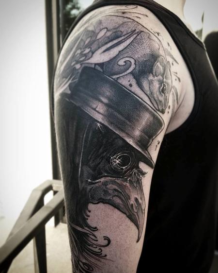 Tattoos - Black bird, top hat, rat, plague disease, black and grey blackwork arm - 130697